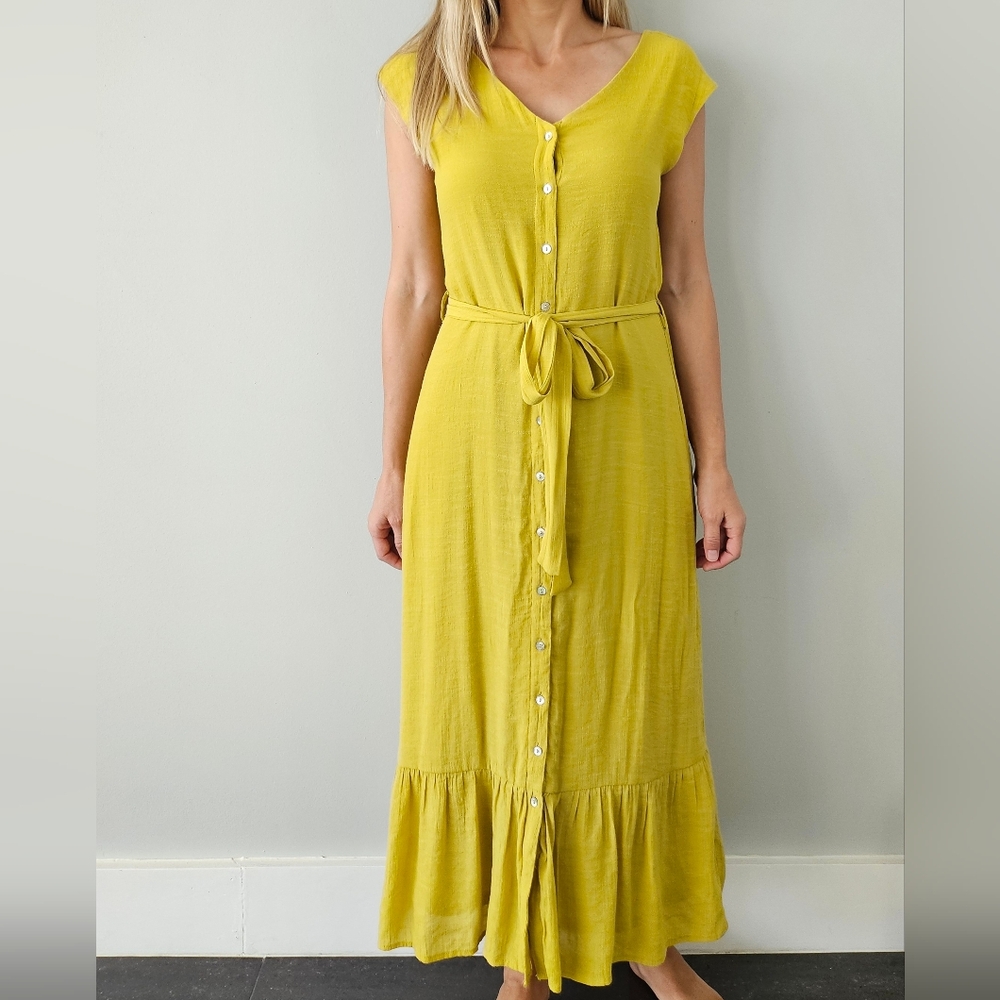NANETTE LEPORE Womens Eve Green Yellow Belted V-Neck Button Fit Flare Maxi Sz 6